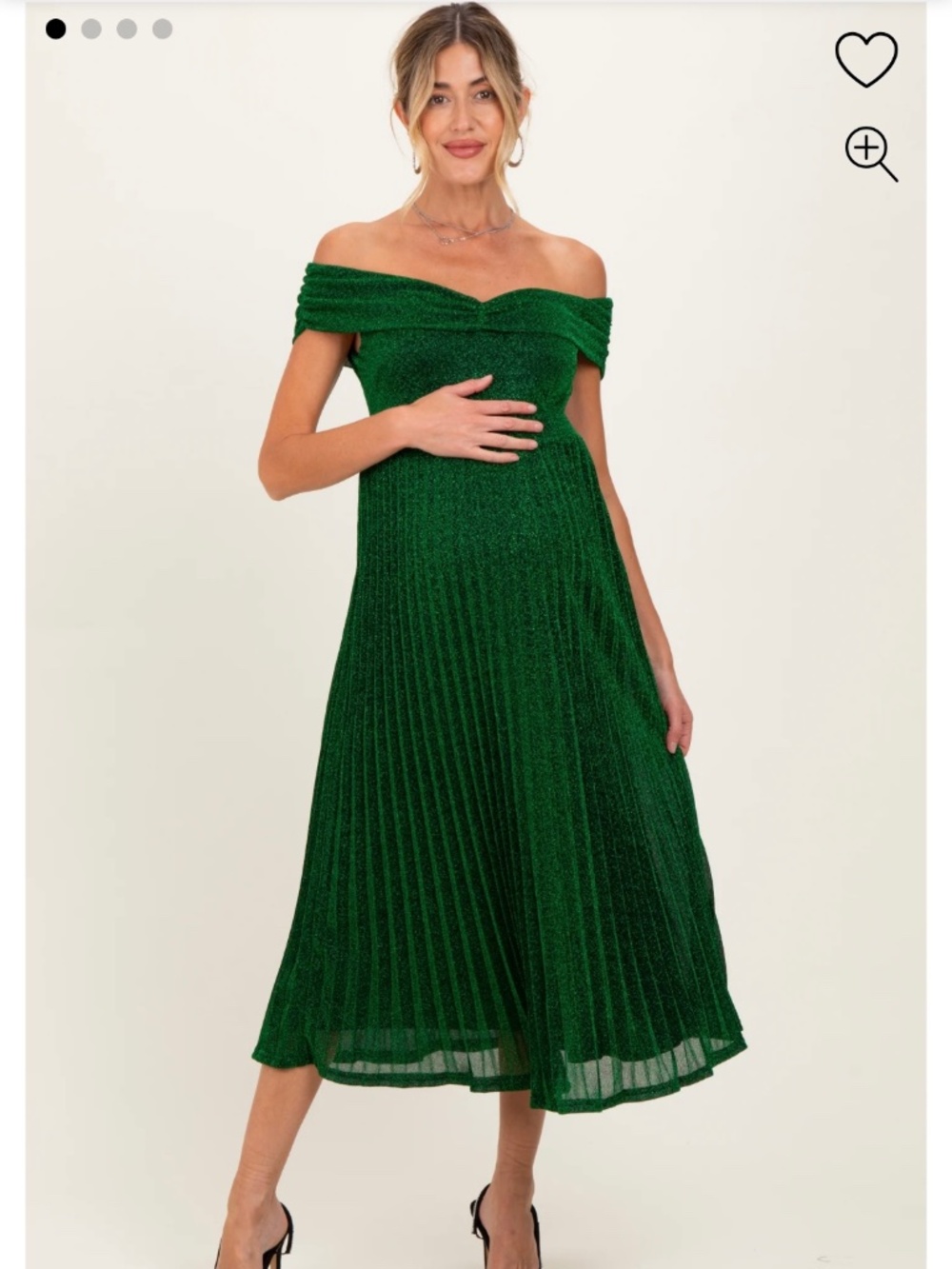Forest Green Shimmer Off Shoulder Pleated Maternity Midi Dress